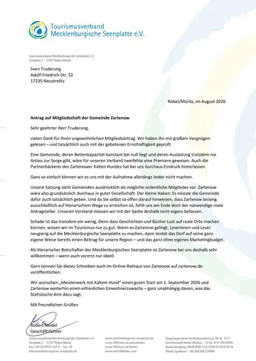 Antwortschreiben des Tourismusverbands Mecklenburgische Seenplatte an die Gemeinde Zartenow