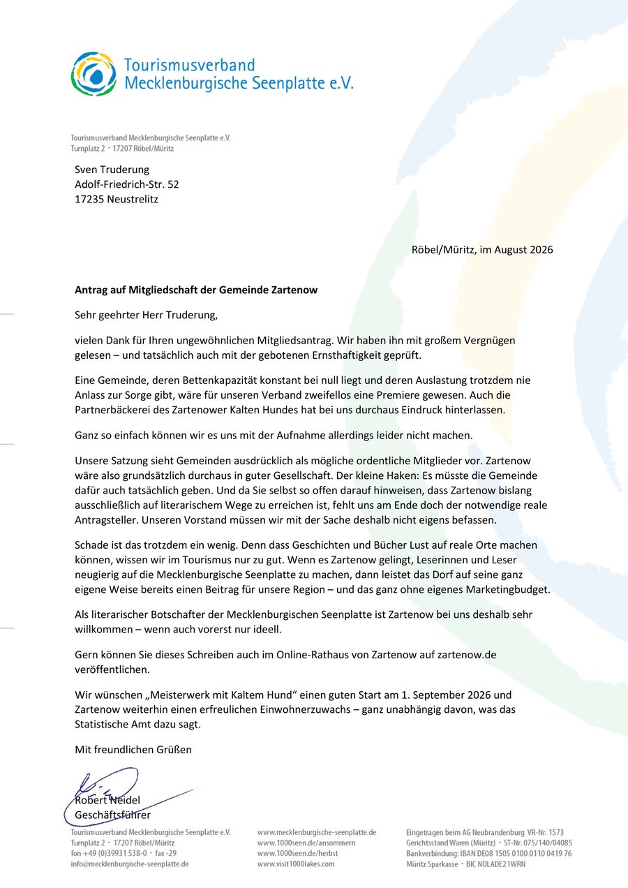 Antwortschreiben des Tourismusverbands Mecklenburgische Seenplatte zum Mitgliedsantrag der Gemeinde Zartenow
