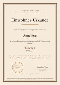 Muster der Einwohner-Urkunde von Zartenow mit Dorfstempel